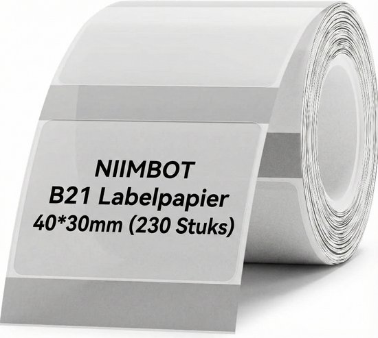 Rol witte etiketten, 40x30mm, met 'NIIMBOT B21 Labelpapier 40*30mm (230 Stuks)' erop.