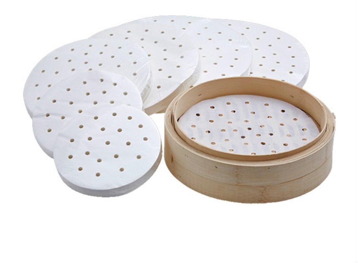 100 vellen geperforeerd stoompapier van 11 cm voor bao buns, dumplings en vleespasteitjes.