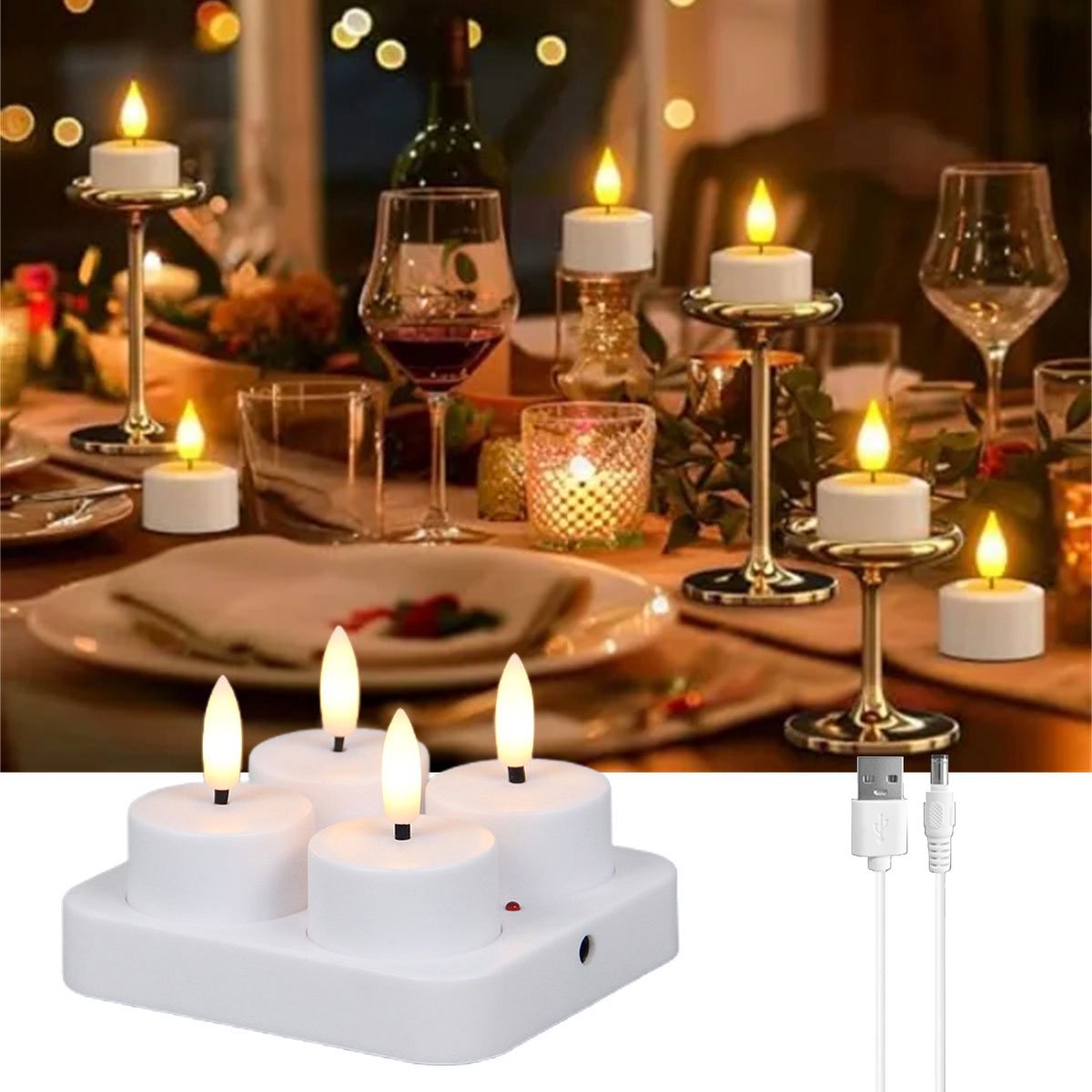 4 oplaadbare theelichtjes met laadstation - elektrische oplaadbare kaarsen USB - led-theelichtjes - oplaadbaar - outdoor - voor buiten - tuin - tafel - kamer - Halloween Kerstmis(Geen afstandsbediening)