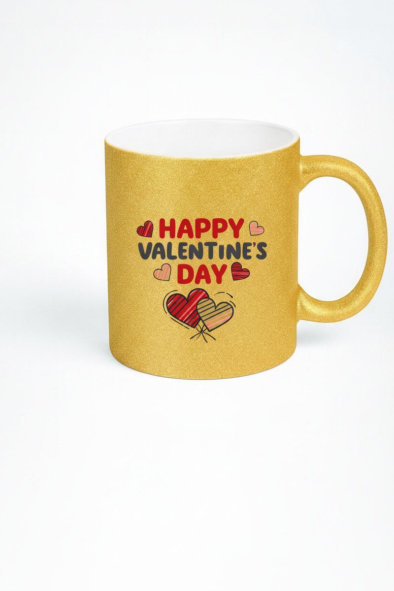 Glitter Gouden Valentijnsdag Mok met 'Happy Valentine's Day' Tekst en Harten Design