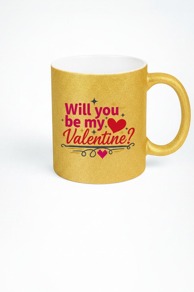 Gouden Glitter Valentijn Mok - 'Will You Be My Valentine?' Cadeau Beker