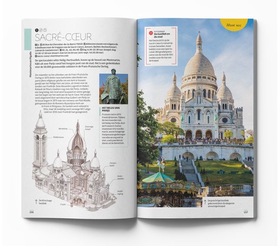 Illustratie van de Sacré-Cœur basiliek met een omliggende straat en een foto van de basiliek op een heuvel, met trap en draaimolen.