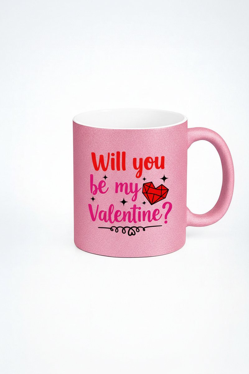 Valentijn Mok 'Will you be my Valentine?' - Roze Glitter Keramische Beker Cadeau