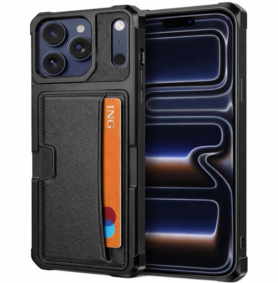 Zwarte telefoonhoes met leren kaarthouder voor iPhone.