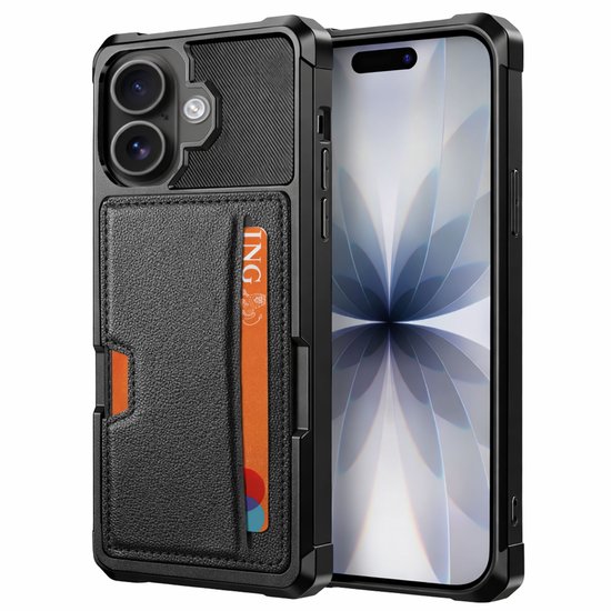 Zwarte telefoonhoes met kaarthouder voor pasjes en een iPhone met een paars/blauw bloemenscherm.