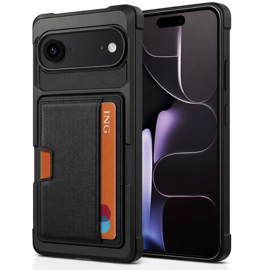 Zwart hoesje met kaarthouder voor iPhone, met oranje pas erin.