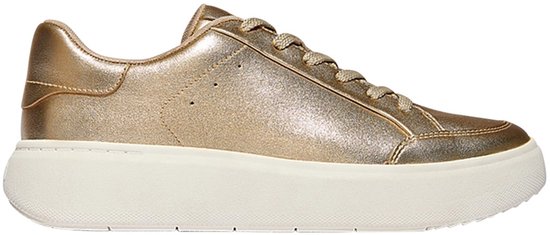 Gouden metallic leren FitFlop sneaker met veters en dikke witte zool.