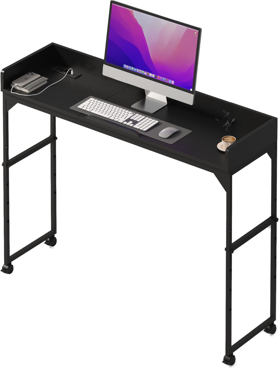 DreamDesk Verrijdbaar Bureau op Wielen Laptop & Werkbureau – Standing Desk - Bureaublad - Sta Bureau - Overbed tafel - Bed tafel - Past Over Bed - Bedtafeltje - Verstelbare tafel - 140 cm – Midnight Black
