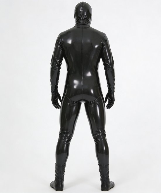 Achterkant van een glanzende zwarte latex catsuit met kap, handschoenen en ingebouwde voetjes.