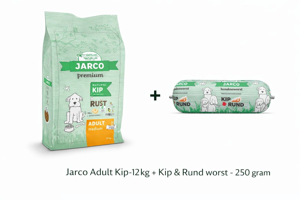 Jarco Dog Natural Medium Adult Kip - Hondenvoer - 12.5 kg 11-25 Kg + Kip & Rund worst 250 gram