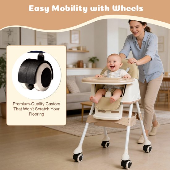 Soontrans - Compact Kinderstoel - Eetstoel Afneembare Wielen - 5-punts Gordel - Peuterstoel Uitneembaar Kussen - Meegroeistoel Aan Tafel met Opbergmand - Babystoel met Afneembare Eetblad - Beige van Soontrans — afbeelding 3