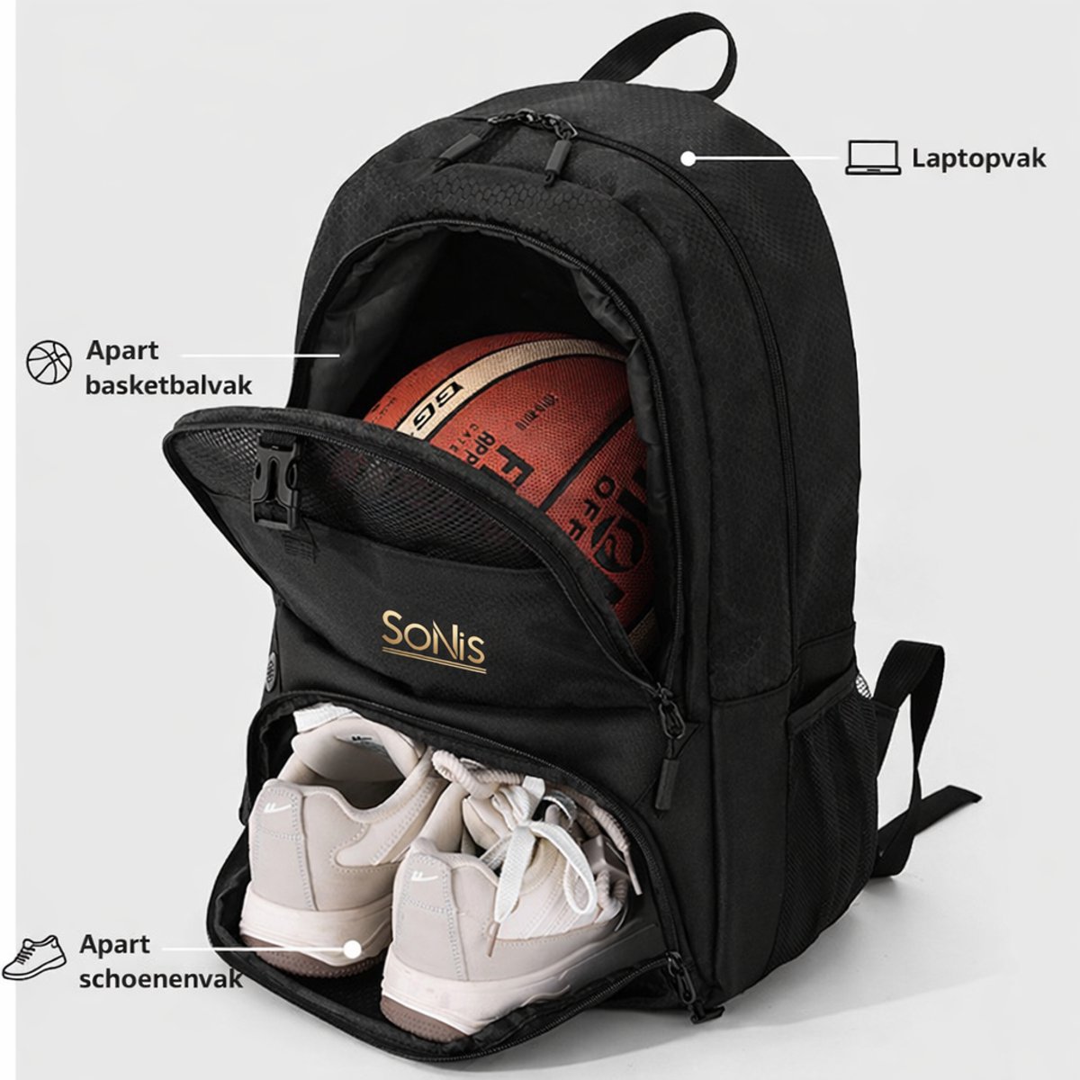 SoNis - Ultieme Voetbaltas - Voetbalrugzak met schoenen vak en bal vak - lichte Sportrugzak - Jongens en Meisjes - Basketbalrugzak - Waterdicht - Basketbal - Volleybal - Voetbal - Zwart