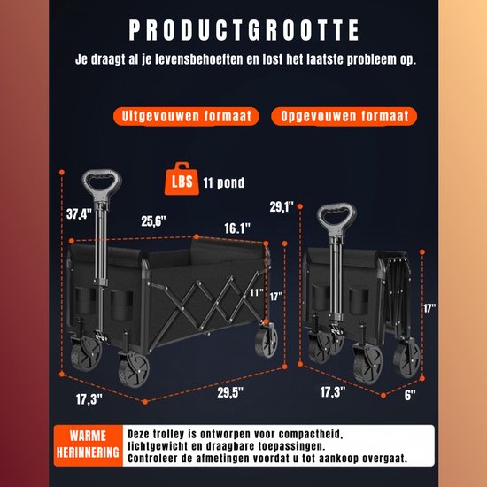 RWB® Bolderkap Opvouwbaar Luchtbanden - Bolderkar - Bolderkar Opvouwbaar - Zwart - ‎74cm x 44cm x 95 cm van RWB® — afbeelding 5