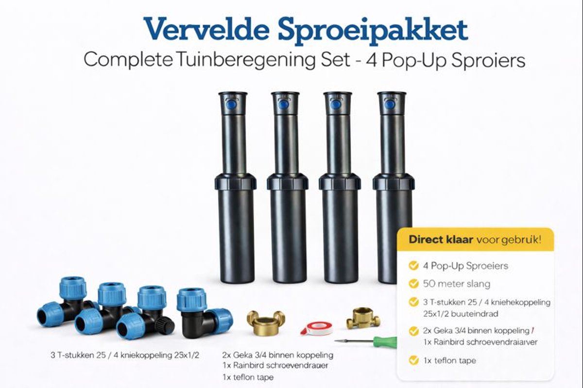 RainBird tuinsproeierset 5004 zonder tyleenslang | 4 pop-upsproeiers | 4 sproeiers | Sproeibereik 10 t/m 15 meter