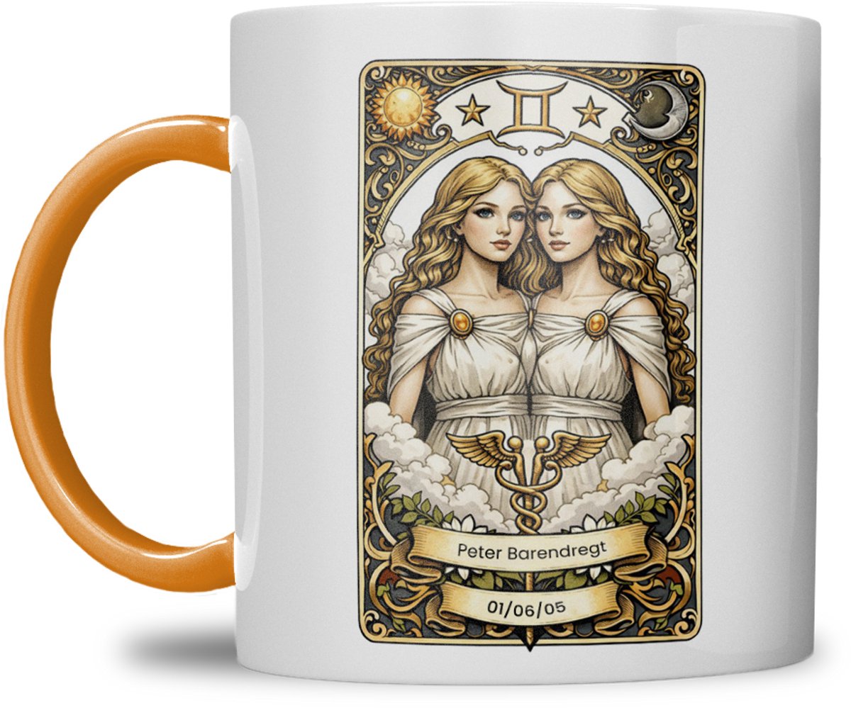 Sterrenbeeld mok - Tweeling - Oranje - Tarot mok - Gepersonaliseerd met naam en datum