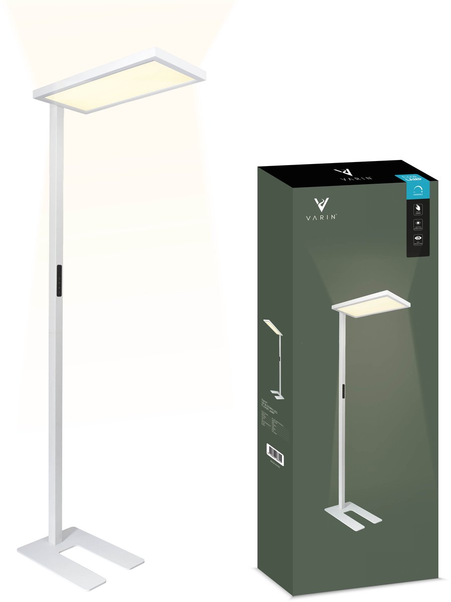 Varin® LED Bureaulamp - Wit - Dimbaar - 110W (eq. 1000W) - 10500 lumen - Up & Down lamp - Veel en soft licht - Bureau lamp - Hobbylamp daglicht staand - Vloerlamp - Staande hobby lamp - Touchknop -Daglichtlamp - Vloerlampen werklamp - Daylight lamp