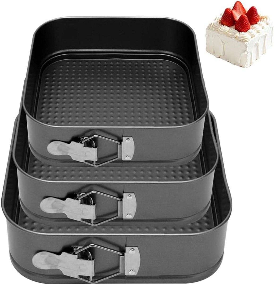 Set van 3 Vierkante Springvormen met Antiaanbaklaag - 24, 26 en 28 cm - Taartvorm Cakevorm