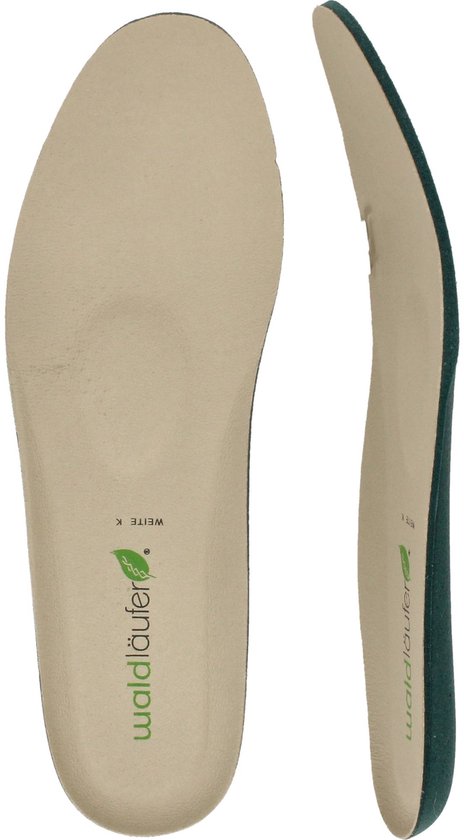Binnenzool van een beige schoen met "waldläufer" logo en een tweede binnenzool, zijaanzicht.
