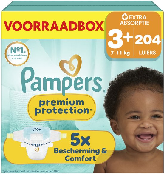 Pampers Premium Protection Maat 3+ - 204 Luiers - 7kg-11kg - Voorraadbox