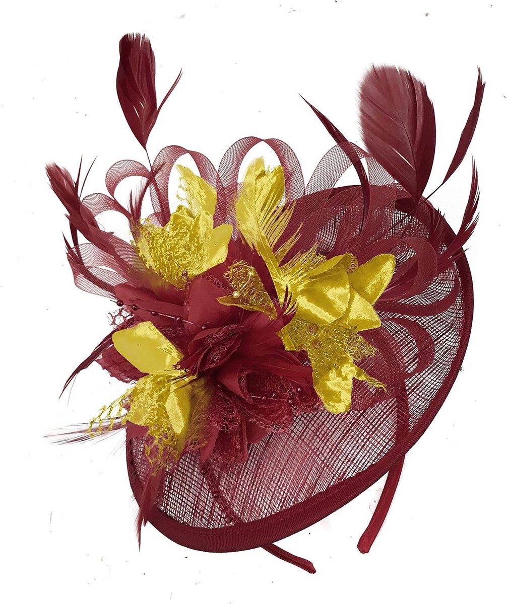 Elegante Fascinator Schotel Hoed voor Dames Bordeauxrood en Goud Bruiloft Hoofddeksel