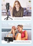 Een vrouw glimlacht naar de camera, zittend voor een selfie-stick op statief. Twee vrouwen lachen terwijl ze een telefoon vasthouden.