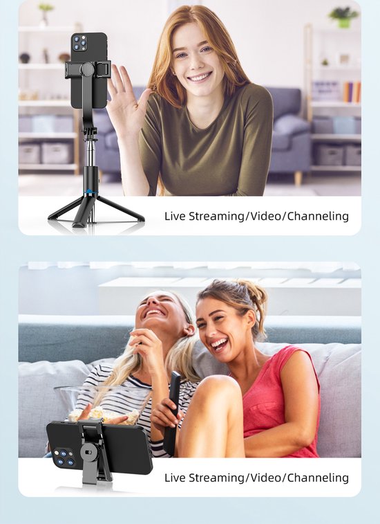 Een vrouw glimlacht naar de camera, zittend voor een selfie-stick op statief. Twee vrouwen lachen terwijl ze een telefoon vasthouden.