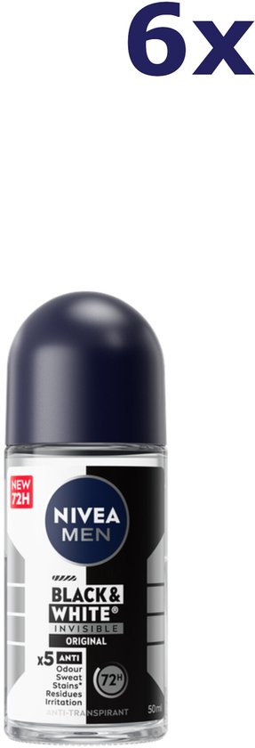 NIVEA MEN Black & White Original Anti-Transpirant Deo Roller - Anti-vlekken Deo - Voordeelverpakking - 6 x 50 ml