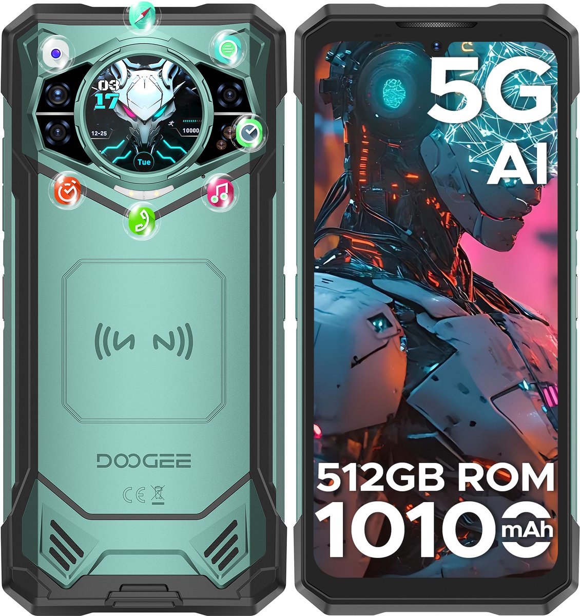 DOOGEE S200X 5G -Robuuste smartphone - Robuuste Telefoon - 32GB RAM + 512GB ROM - 6.72 inch 120Hz -10100mAh/33W - IP68 - Dimensity 7050 5G Octa Core - Nachtzicht - Android 15 - 1,32 achterdisplay - Bluetooth 5.2 - NFC - GPS - Groen
