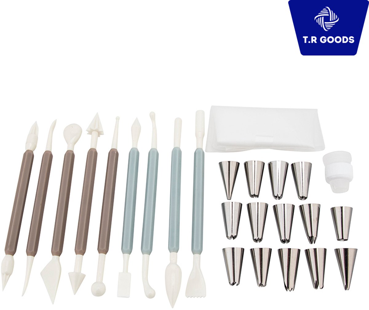 T.R Goods Taart Decoratie Set – 24-delig – Spuitzak met 14 Spuitmondjes & Modelleerhulpmiddelen – Voor Taarten & Cupcakes