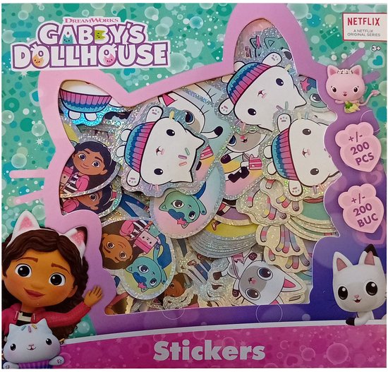 Doos met Gabby's Dollhouse stickers, met afbeeldingen van katten en Gabby, met holografisch effect.