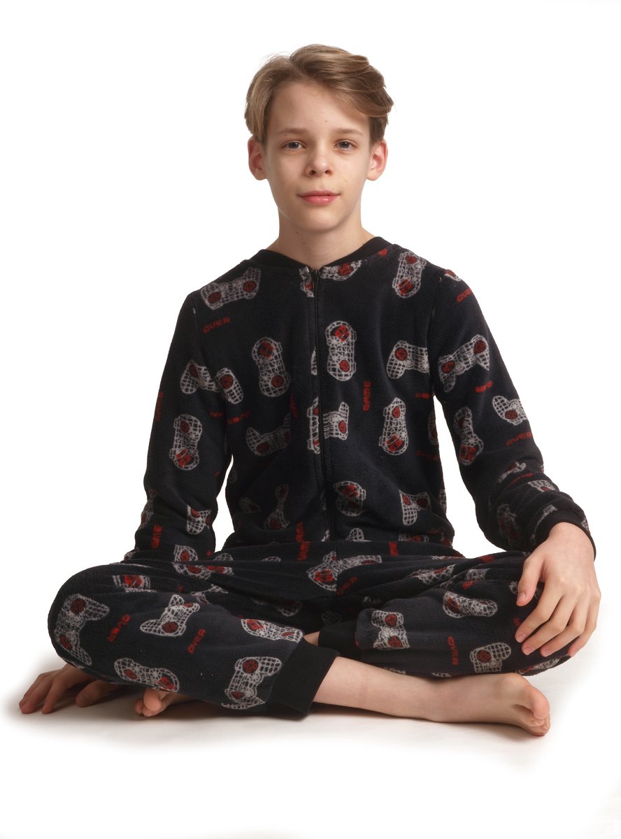 Outfitter - warme jongens onesie - Gamer - coral fleece - zwart - maat 140