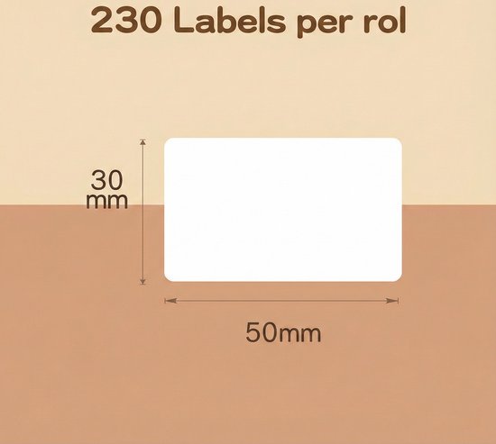 Een witte rechthoekige label met afmetingen 50mm breed en 30mm hoog. "230 Labels per rol" staat bovenaan.