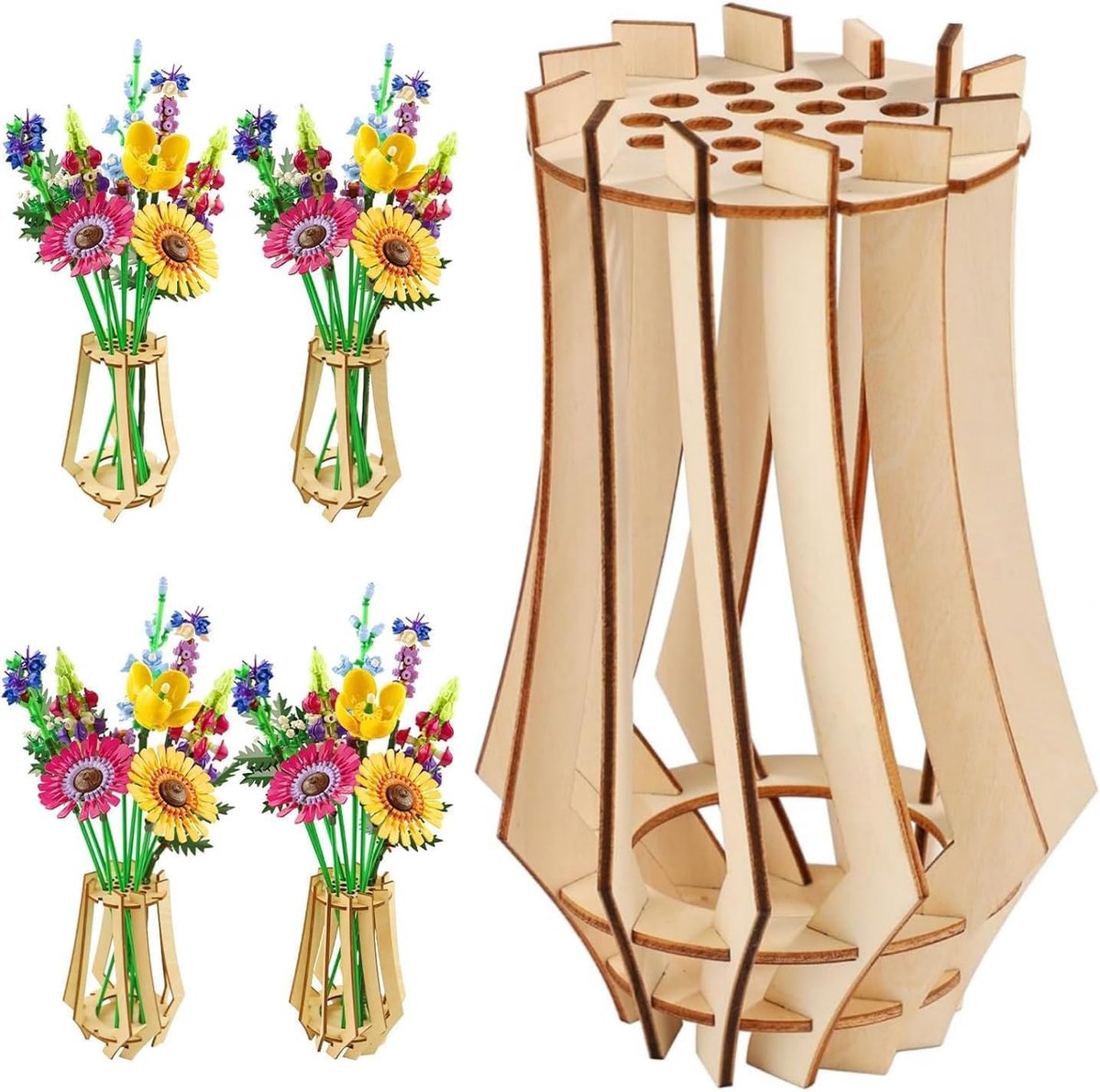 longziming -Houten 3D Puzzelvaas – Creatieve Decoratieve Vaas voor Bouwbloemen – Modern Interieurdesign 12 x 18 cm