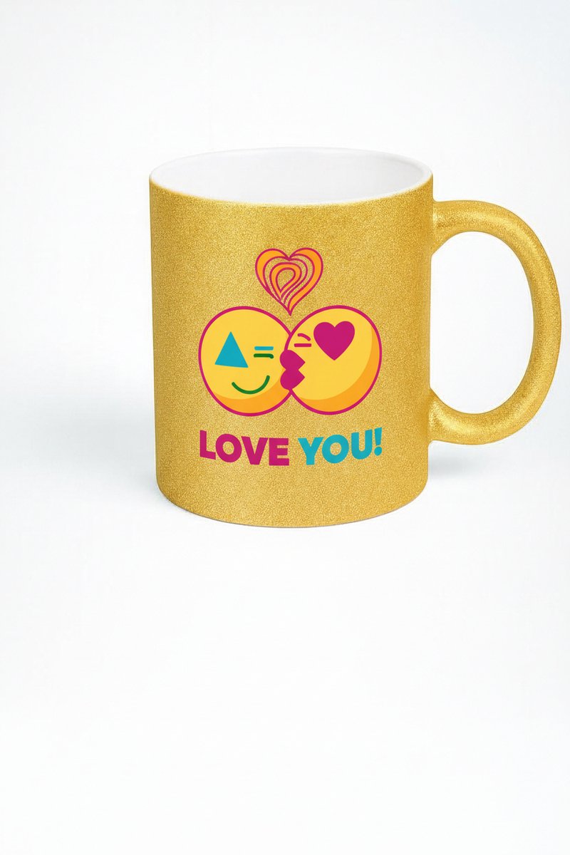 Gouden Glitter Mok met Liefdes Emoji Kus - 'Love You!' Romantisch Cadeau