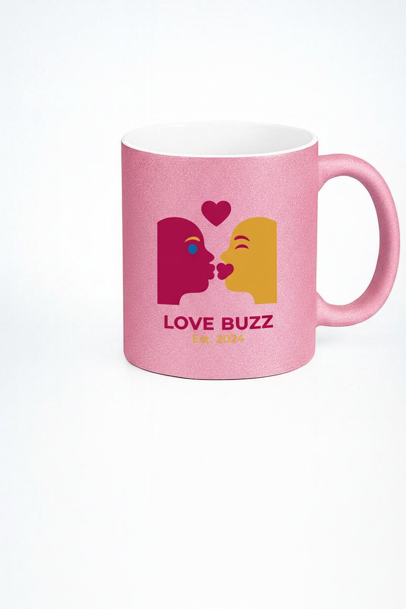 Love Buzz Roze Glitter Mok met Romantisch Kus Design - Valentijn Cadeau Est. 2024