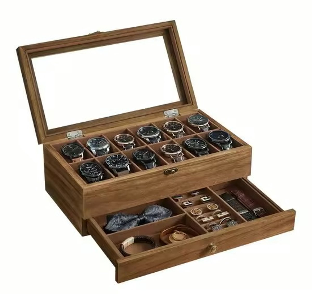 Vedder House - Horlogedoos - Sieradendoos - Hout - 2-Laags - Transparante deksel - Horloge doos - Horloge