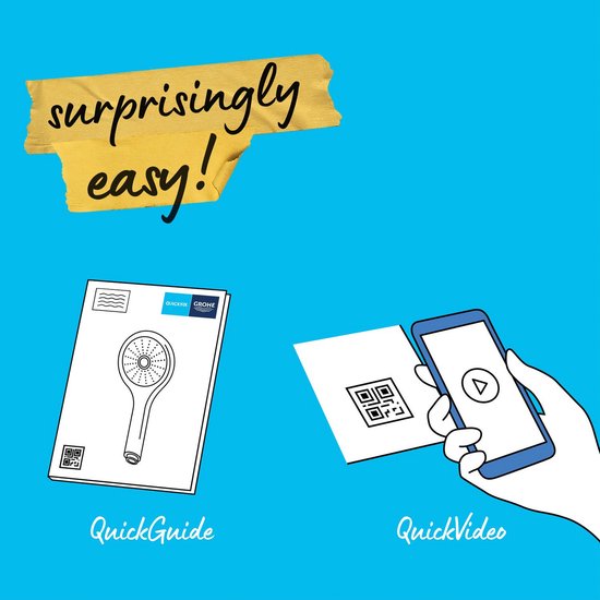Illustratie van een handleiding en een smartphone die een video scant, met de tekst 'surprising easy!'.