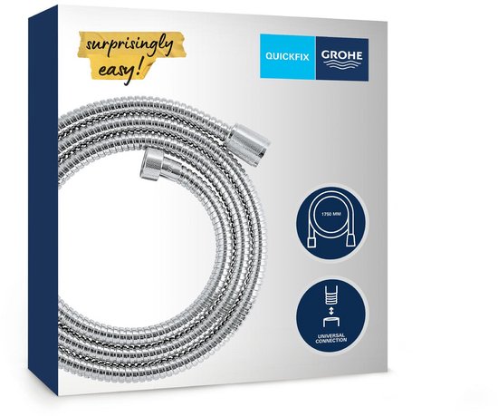 Verpakking met GROHE VitalioFlex metalen doucheslang, 1750 mm, 'Quickfix' en 'Universal Connection'.