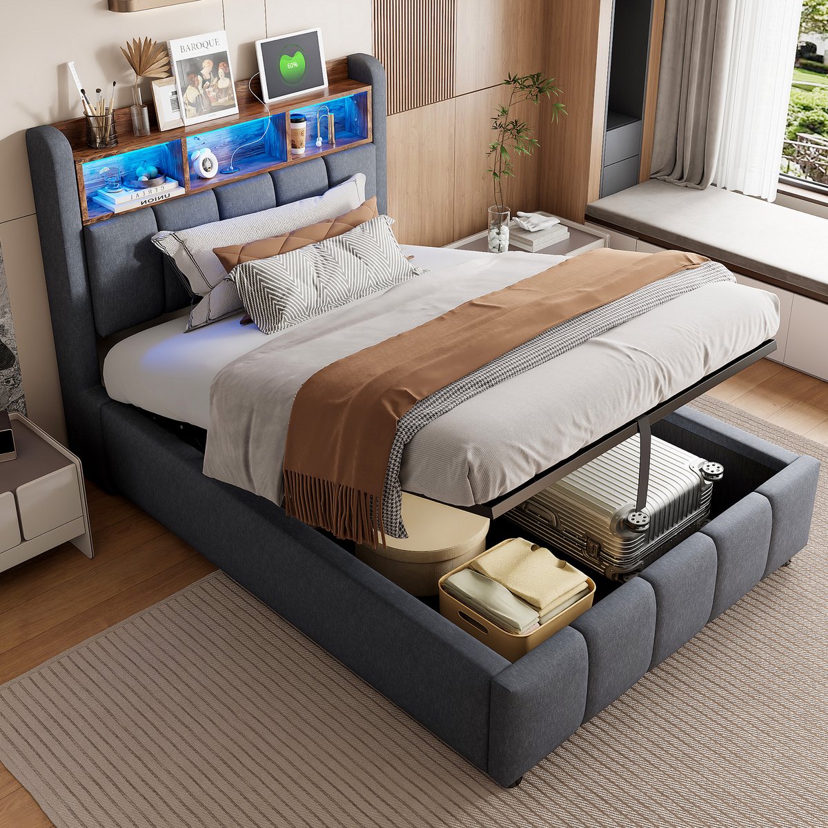 REDOM Opbergbed 90x200 met LED-hoofdbord en USB/Type-C