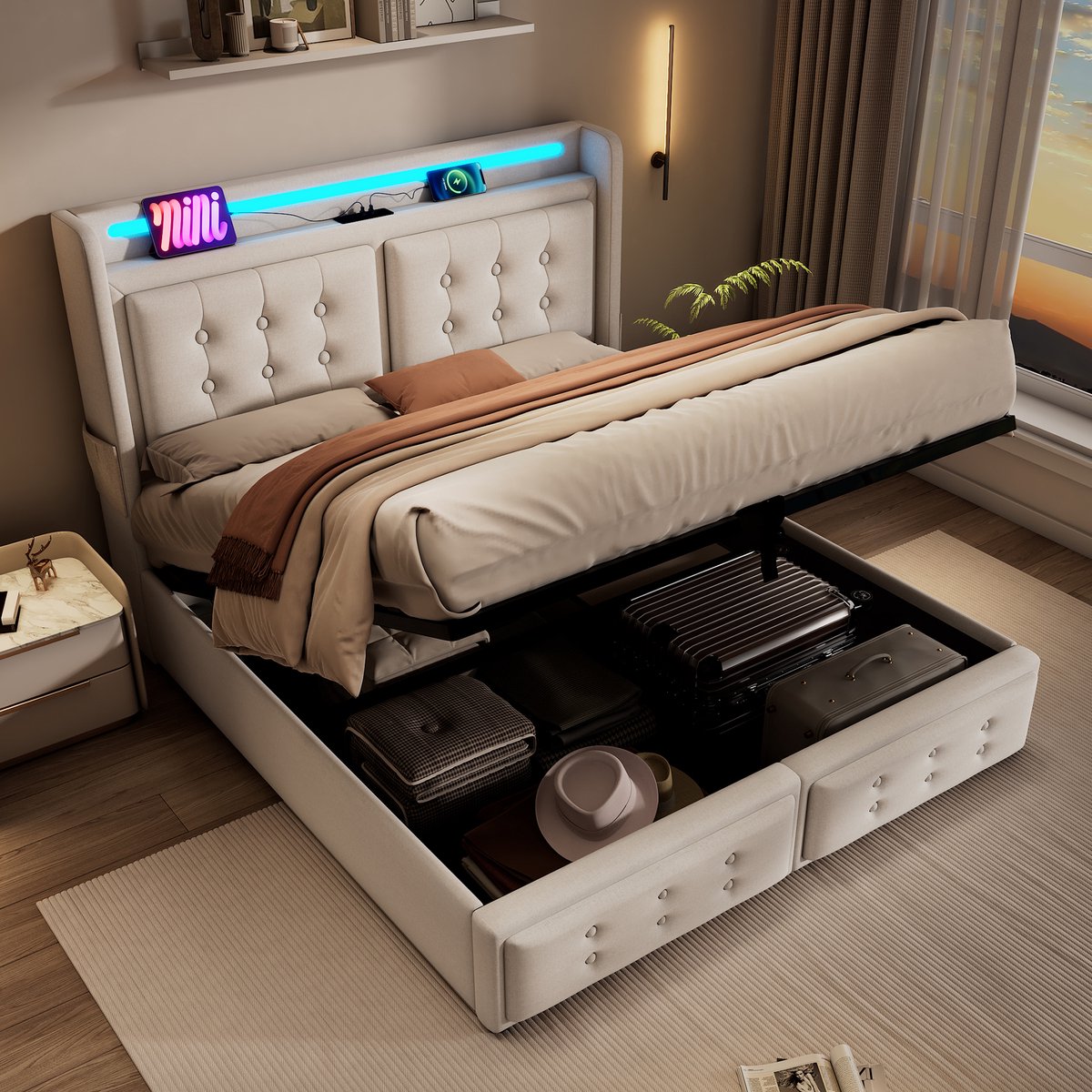 REDOM opbergbed 140x200 cm – Katoen-linnen, hydraulisch, LED, stopcontact+USB – Beige