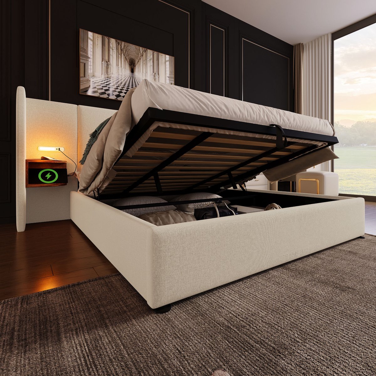 REDOM Opbergbed 180x200 cm – Linnen – Hydraulisch – Leeslamp & USB/Type-C – Beige – 226 kg