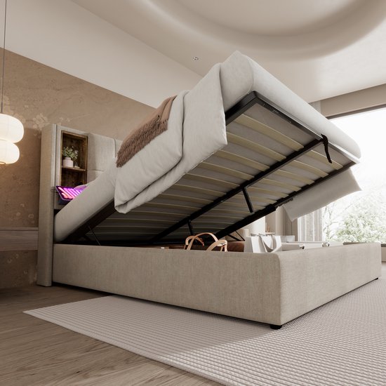 REDOM Luxe Opbergbed incl. Pocketvering Matras (140x200) - Linnen Twijfelaar met Draadloos Laden & USB - Naturel