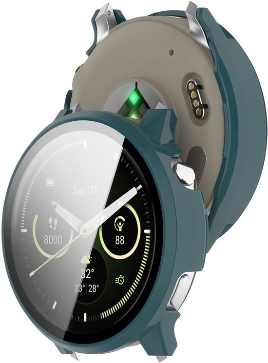 Groene smartwatch case met glazen scherm, de achterkant toont oplaadpunten.