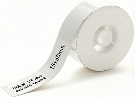 Rol met 210 witte, waterbestendige thermische etiketten van 15x30mm.