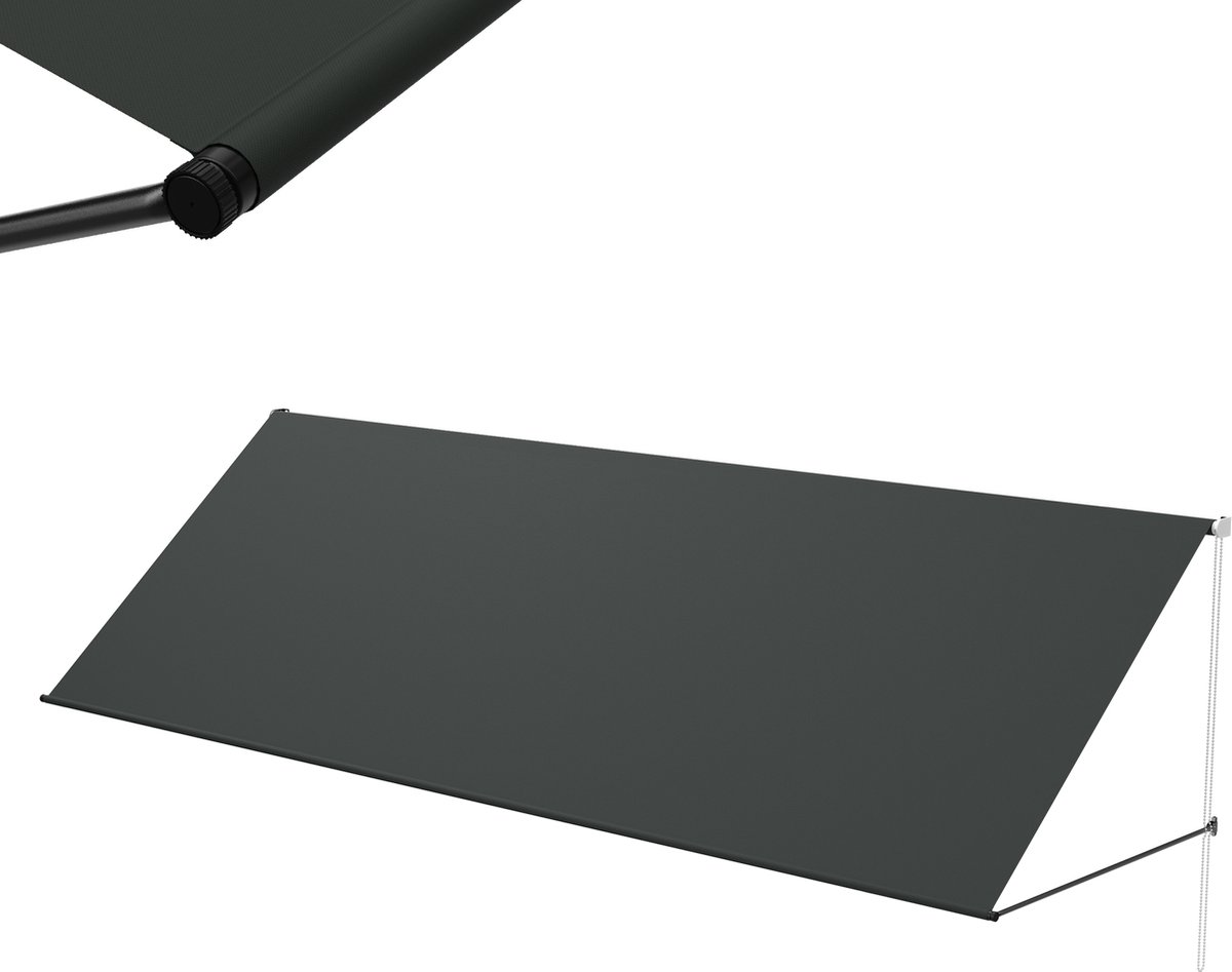 Aufun Inklapbare Fallarm Markise 400x145cm Antraciet - Met Kabel & Aluminium Ondersteuningsstang Voor Terras, Balkon & Tuin