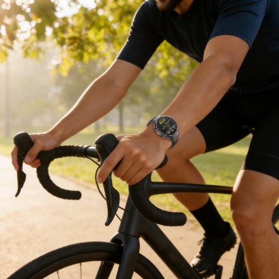 Een man fietst met een zwart metalen smartwatch om zijn pols. De wijzerplaat toont de tijd 10:08.