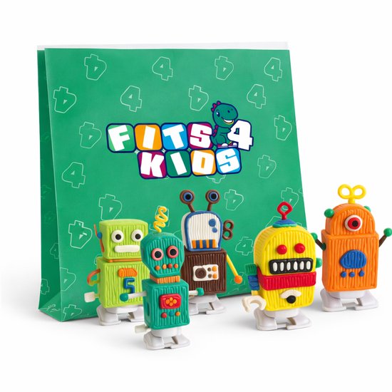 Vijf opwindbare robots naast een groene 'FITS 4 KIDS' geschenkzak met dinosaurus logo.