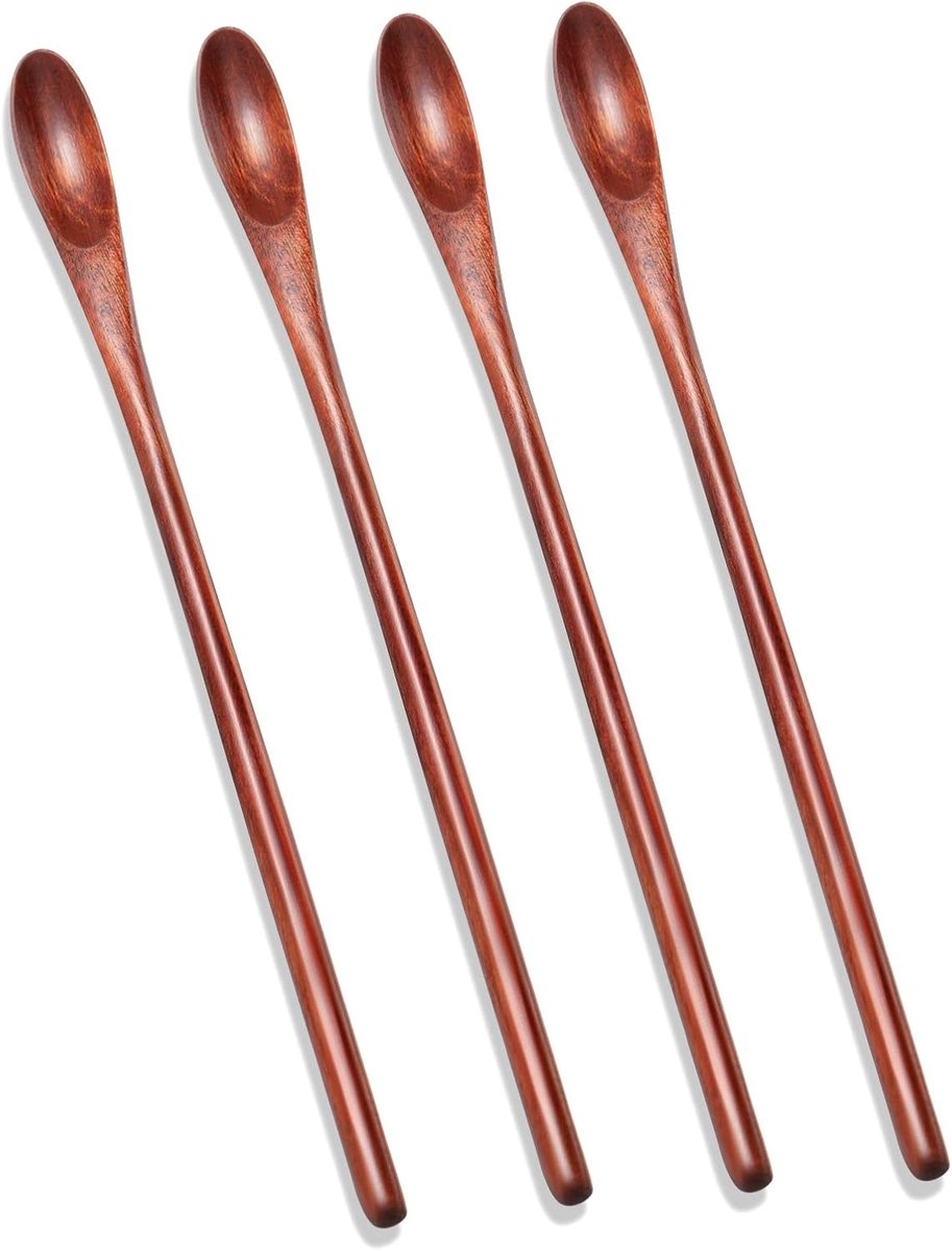 Daity 4-delige houten koffieroerlepel, cocktaillepel met lange steel, houten ijstheelepel en kleine roerlepel voor koffie en thee, 19 cm (bruin).