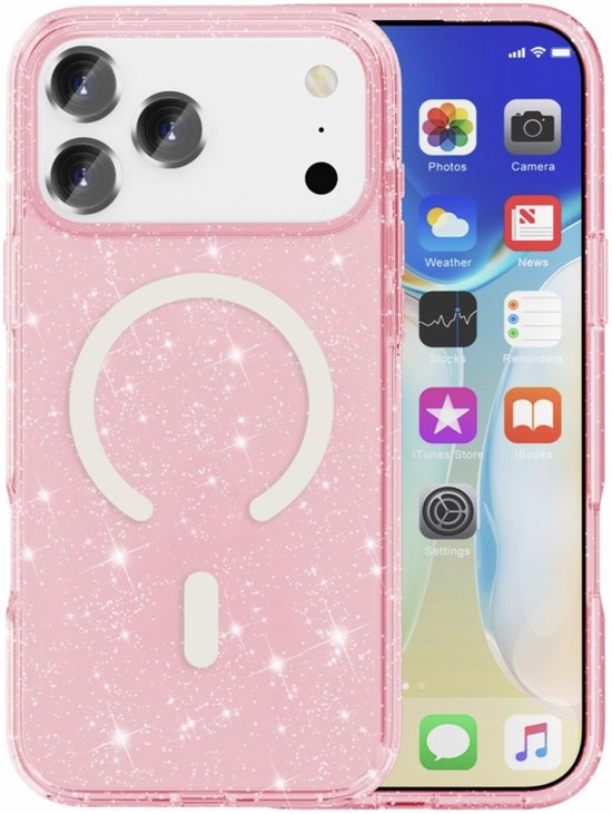Coque rose à paillettes pour iPhone avec MagSafe, montre la caméra et une partie de l'écran.