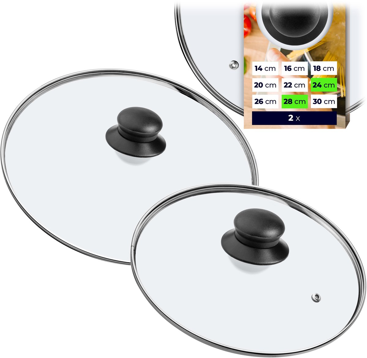KADAX glazen dekselset, ingemaakte deksel gemaakt van glas, ?14-30 cm, warmtebestendig deksel voor pot, pan, pan deksel met handvat gemaakt van plastic, universeel deksel (24+28 cm)